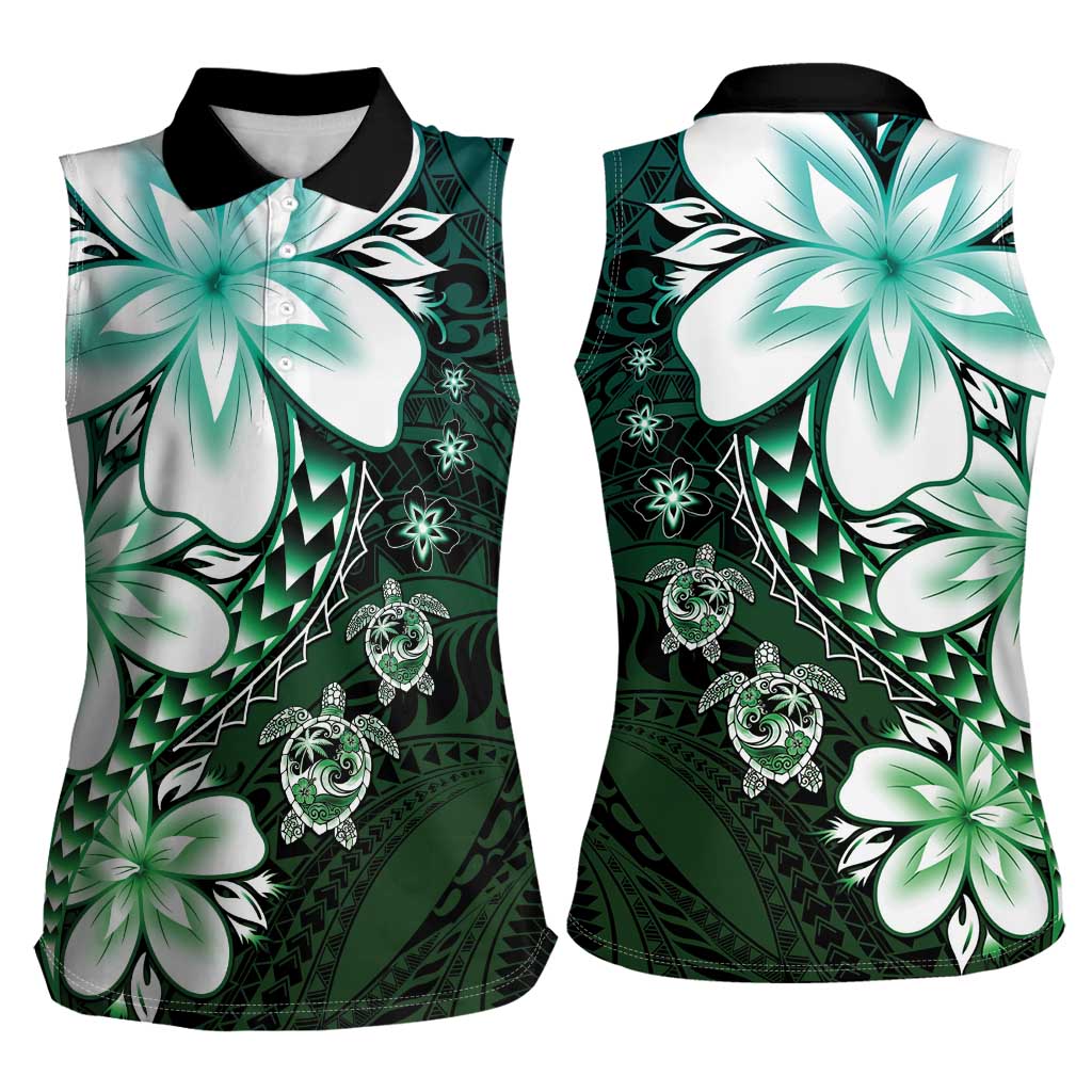 Polynesia Romantic Valentine Women Sleeveless Polo Shirt Sea Turtle Couple With Aqua Gradient Plumeria