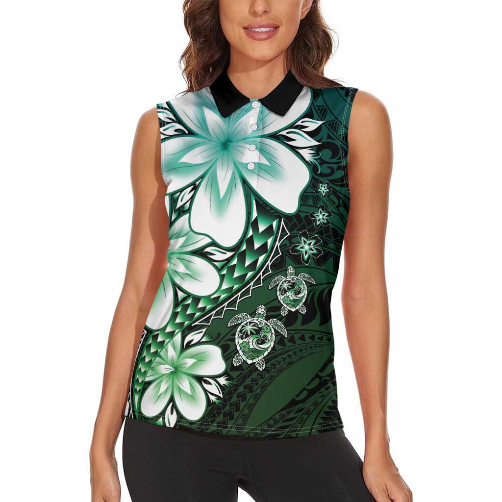 Polynesia Romantic Valentine Women Sleeveless Polo Shirt Sea Turtle Couple With Aqua Gradient Plumeria