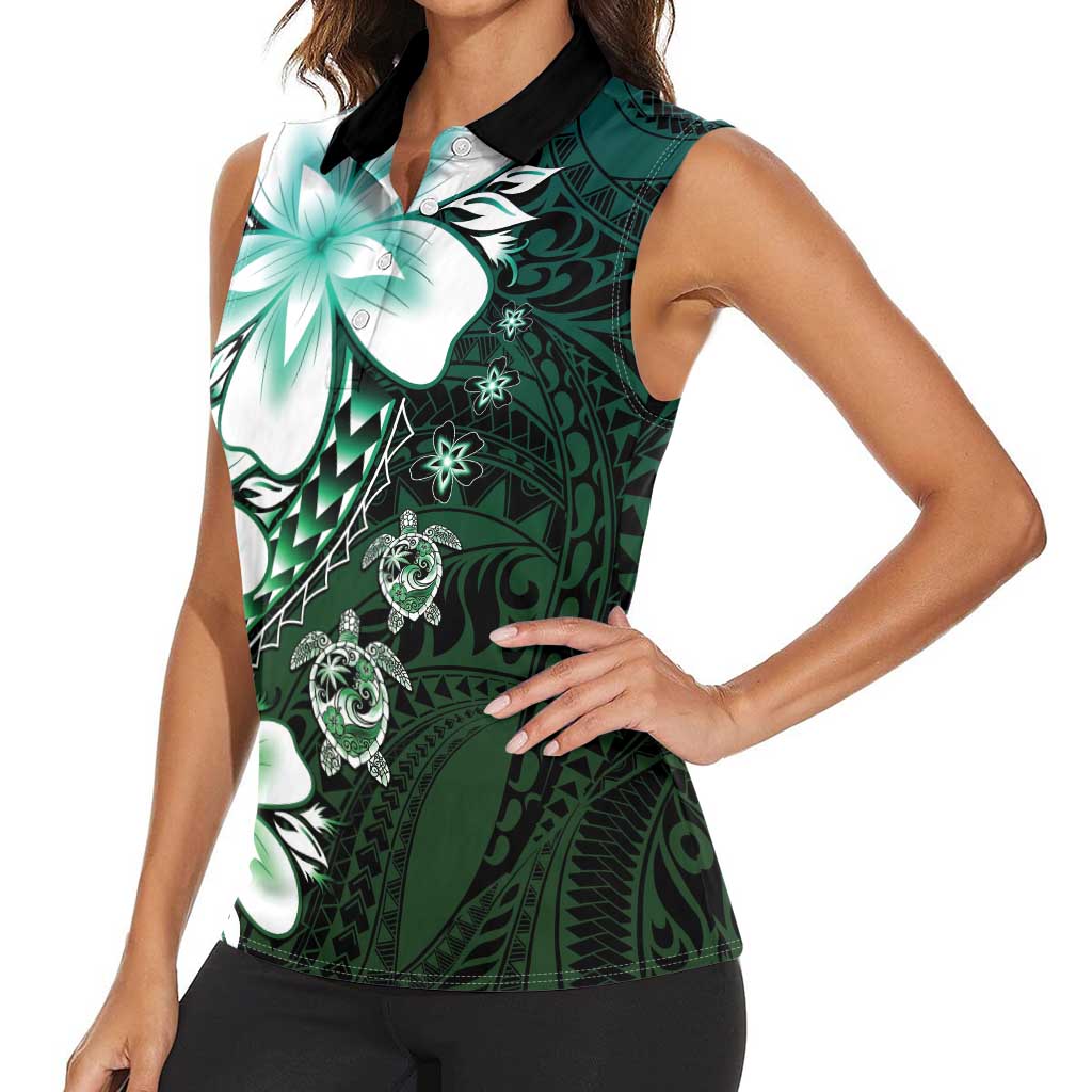 Polynesia Romantic Valentine Women Sleeveless Polo Shirt Sea Turtle Couple With Aqua Gradient Plumeria