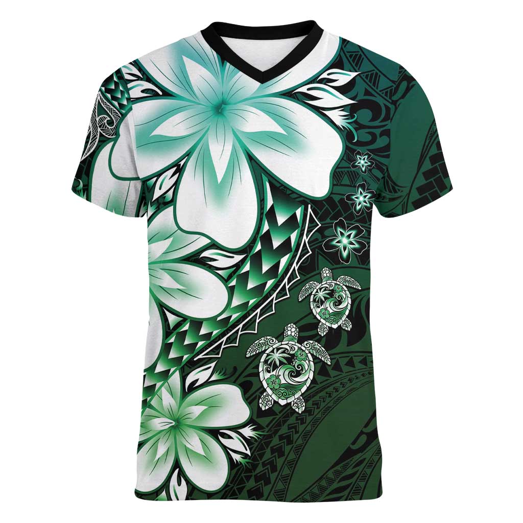 Polynesia Romantic Valentine Women V-Neck T-Shirt Sea Turtle Couple With Aqua Gradient Plumeria