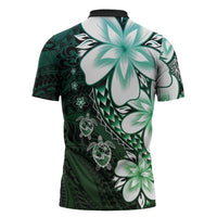 Polynesia Romantic Valentine Zipper Polo Shirt Sea Turtle Couple With Aqua Gradient Plumeria