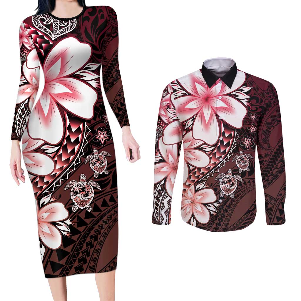 Polynesia Romantic Valentine Couples Matching Long Sleeve Bodycon Dress and Long Sleeve Button Shirt Sea Turtle Couple With Red Gradient Plumeria