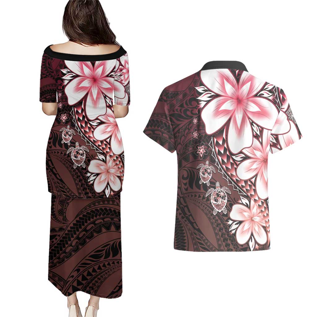 Polynesia Romantic Valentine Couples Matching Puletasi and Hawaiian Shirt Sea Turtle Couple With Red Gradient Plumeria