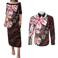 Polynesia Romantic Valentine Couples Matching Puletasi and Long Sleeve Button Shirt Sea Turtle Couple With Red Gradient Plumeria