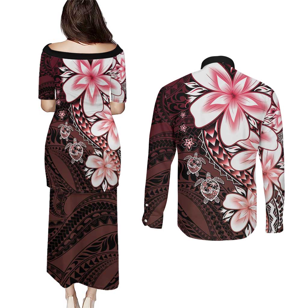 Polynesia Romantic Valentine Couples Matching Puletasi and Long Sleeve Button Shirt Sea Turtle Couple With Red Gradient Plumeria