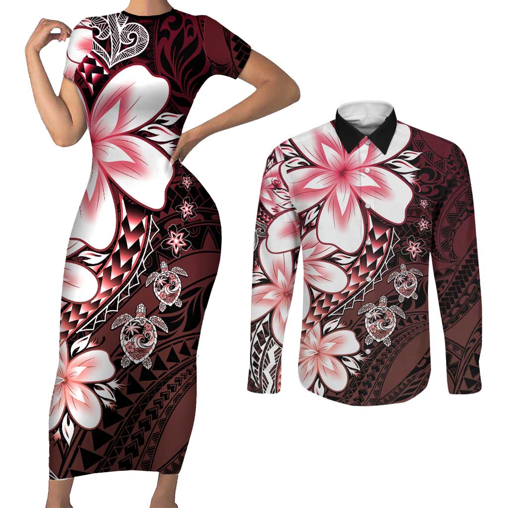 Polynesia Romantic Valentine Couples Matching Short Sleeve Bodycon Dress and Long Sleeve Button Shirt Sea Turtle Couple With Red Gradient Plumeria