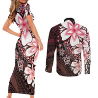 Polynesia Romantic Valentine Couples Matching Short Sleeve Bodycon Dress and Long Sleeve Button Shirt Sea Turtle Couple With Red Gradient Plumeria
