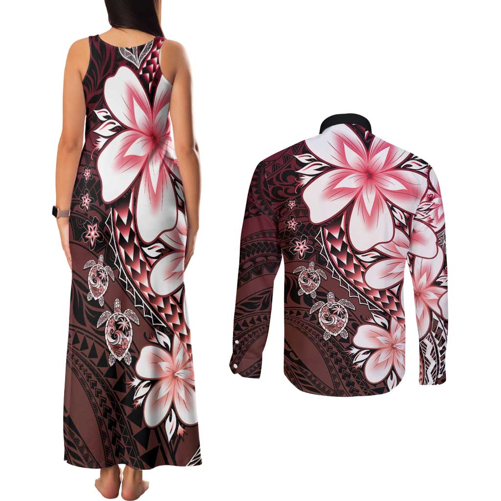 Polynesia Romantic Valentine Couples Matching Tank Maxi Dress and Long Sleeve Button Shirt Sea Turtle Couple With Red Gradient Plumeria