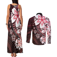 Polynesia Romantic Valentine Couples Matching Tank Maxi Dress and Long Sleeve Button Shirt Sea Turtle Couple With Red Gradient Plumeria