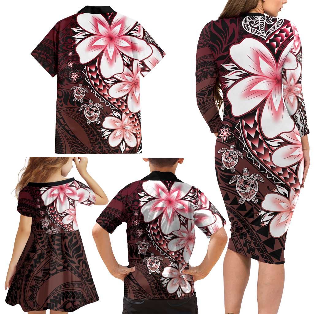 Polynesia Romantic Valentine Family Matching Long Sleeve Bodycon Dress and Hawaiian Shirt Sea Turtle Couple With Red Gradient Plumeria LT05 - Polynesian Pride