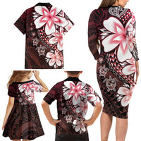 Polynesia Romantic Valentine Family Matching Long Sleeve Bodycon Dress and Hawaiian Shirt Sea Turtle Couple With Red Gradient Plumeria LT05 - Polynesian Pride