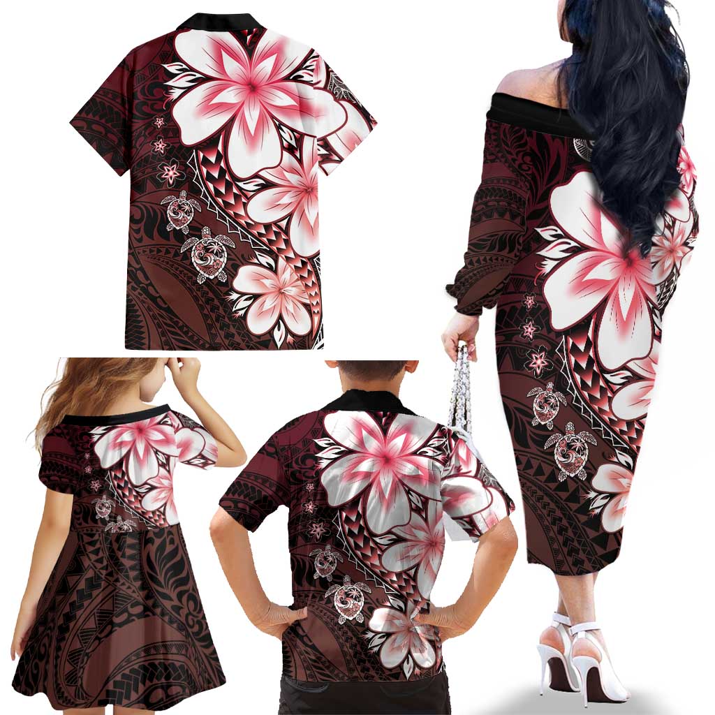 Polynesia Romantic Valentine Family Matching Off The Shoulder Long Sleeve Dress and Hawaiian Shirt Sea Turtle Couple With Red Gradient Plumeria LT05 - Polynesian Pride