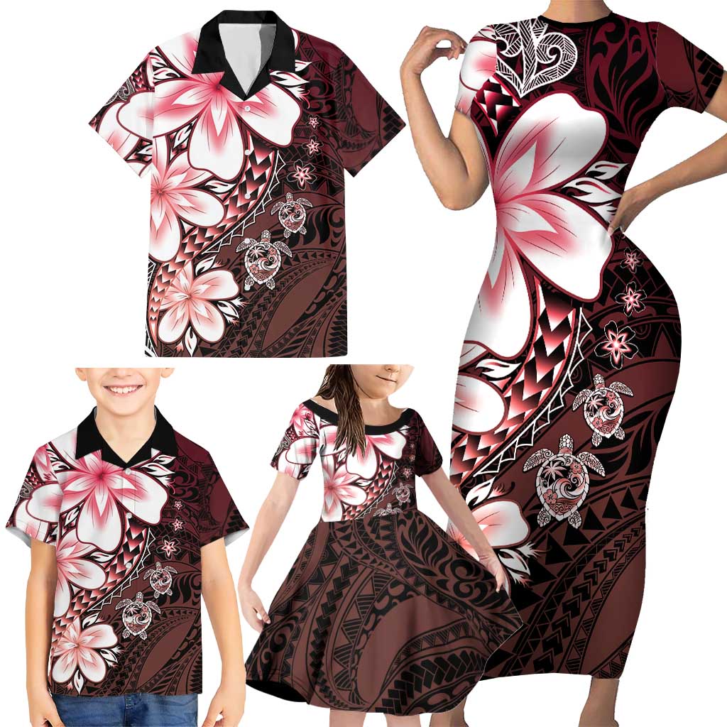 Polynesia Romantic Valentine Family Matching Short Sleeve Bodycon Dress and Hawaiian Shirt Sea Turtle Couple With Red Gradient Plumeria
