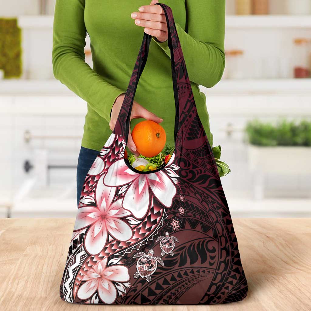 Polynesia Romantic Valentine Grocery Bag Sea Turtle Couple With Red Gradient Plumeria