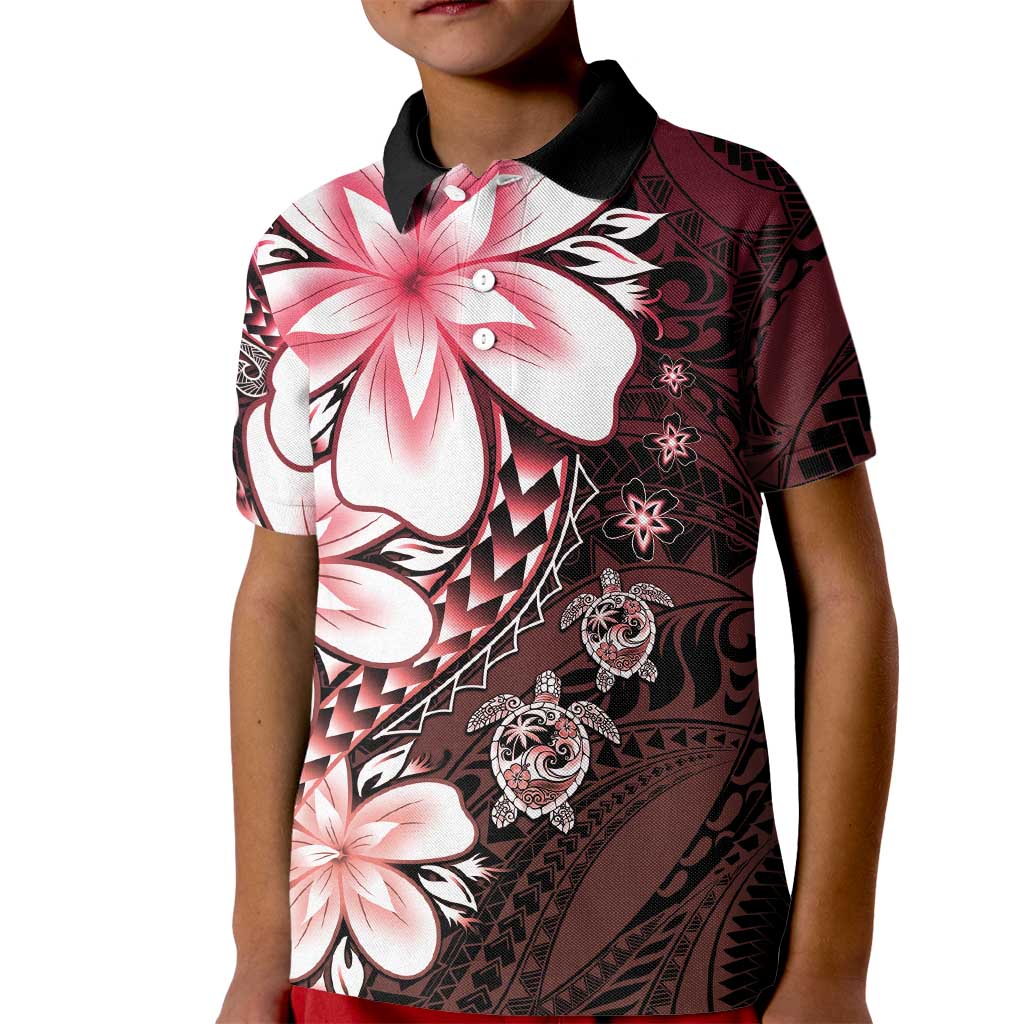Polynesia Romantic Valentine Kid Polo Shirt Sea Turtle Couple With Red Gradient Plumeria