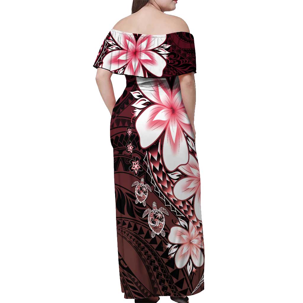 Polynesia Romantic Valentine Off Shoulder Maxi Dress Sea Turtle Couple With Red Gradient Plumeria