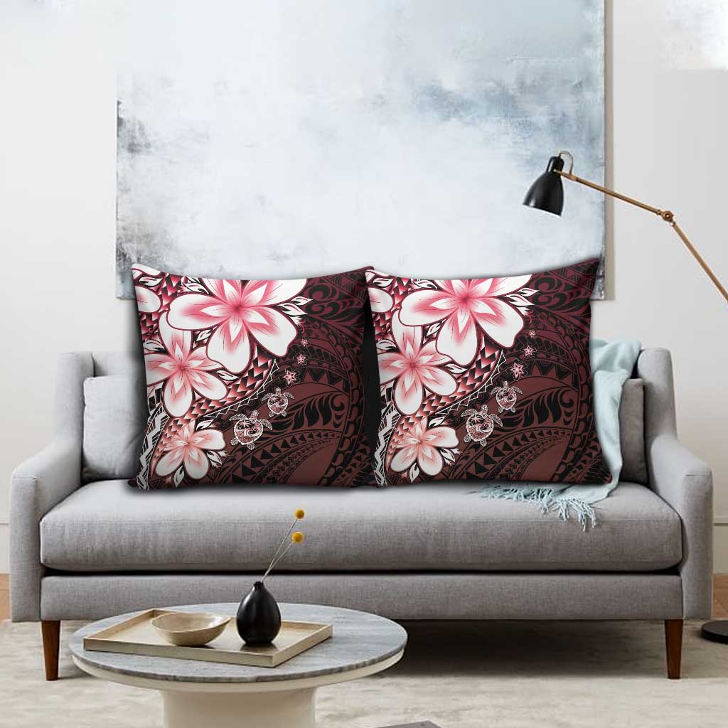 Polynesia Romantic Valentine Pillow Cover Sea Turtle Couple With Red Gradient Plumeria
