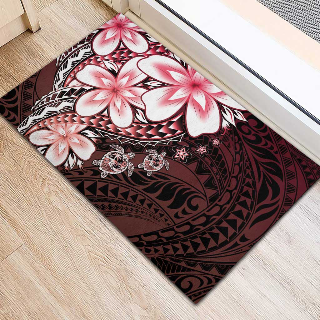 Polynesia Romantic Valentine Rubber Doormat Sea Turtle Couple With Red Gradient Plumeria