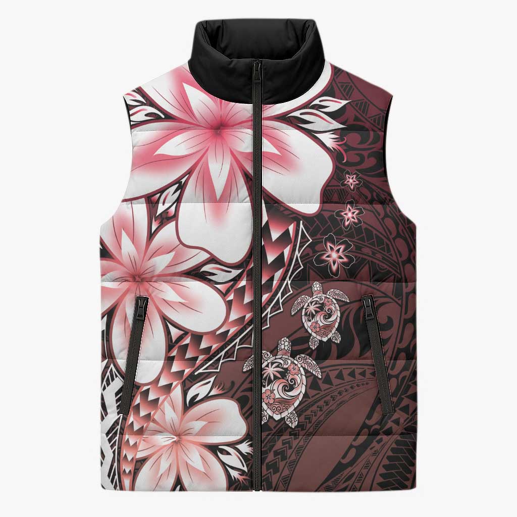 Polynesia Romantic Valentine Sleeveless Puffer Jacket Sea Turtle Couple With Red Gradient Plumeria