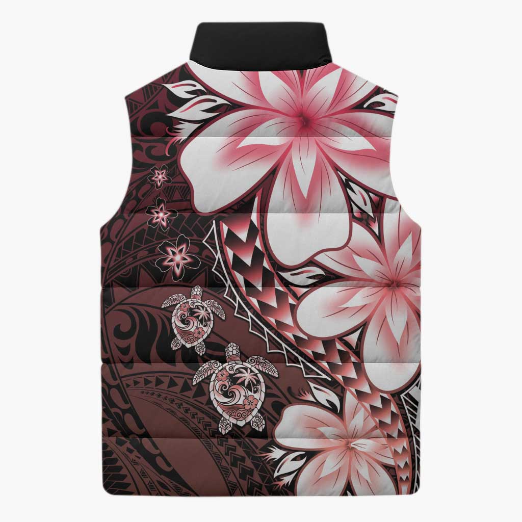 Polynesia Romantic Valentine Sleeveless Puffer Jacket Sea Turtle Couple With Red Gradient Plumeria