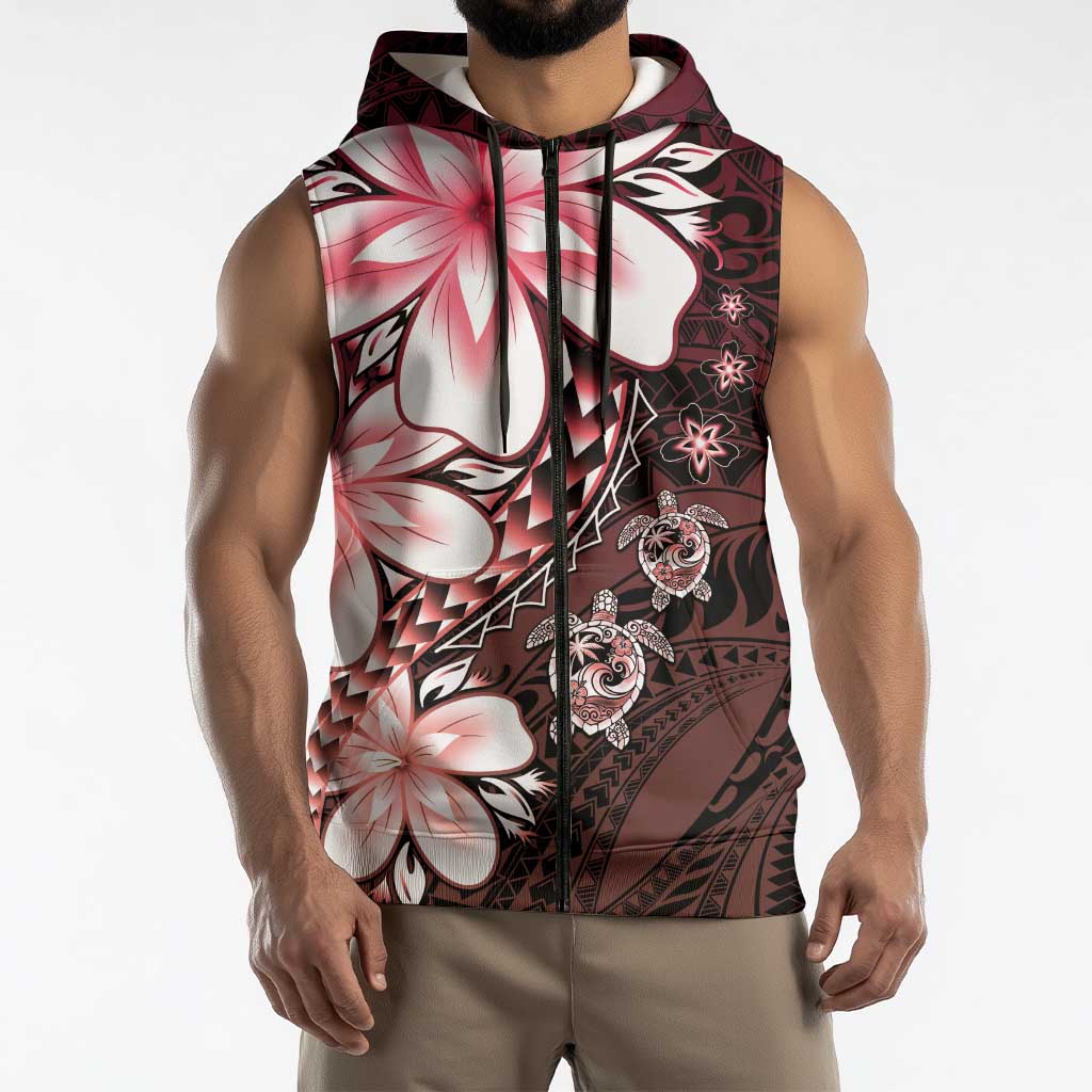 Polynesia Romantic Valentine Sleeveless Zip Hoodie Sea Turtle Couple With Red Gradient Plumeria