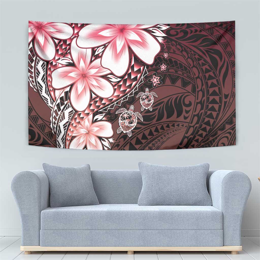 Polynesia Romantic Valentine Tapestry Sea Turtle Couple With Red Gradient Plumeria