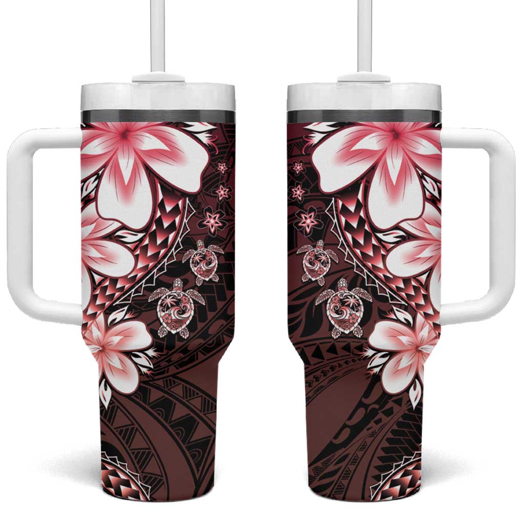 Polynesia Romantic Valentine Tumbler With Handle Sea Turtle Couple With Red Gradient Plumeria