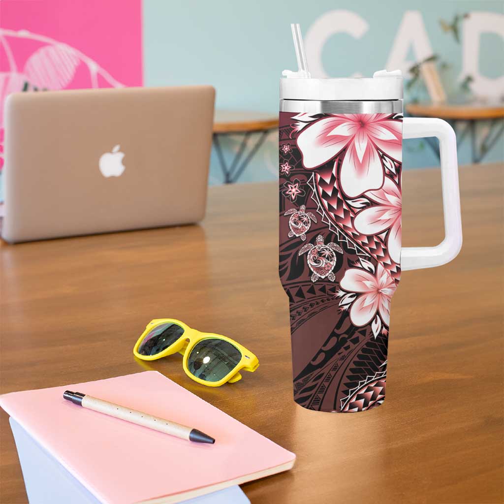 Polynesia Romantic Valentine Tumbler With Handle Sea Turtle Couple With Red Gradient Plumeria