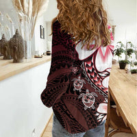Polynesia Romantic Valentine Women Casual Shirt Sea Turtle Couple With Red Gradient Plumeria