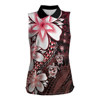 Polynesia Romantic Valentine Women Sleeveless Polo Shirt Sea Turtle Couple With Red Gradient Plumeria