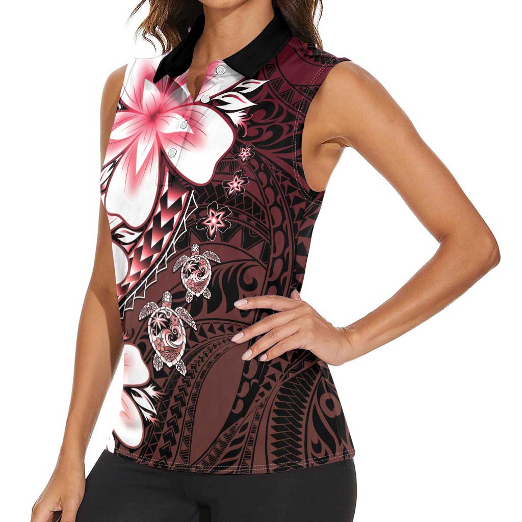 Polynesia Romantic Valentine Women Sleeveless Polo Shirt Sea Turtle Couple With Red Gradient Plumeria