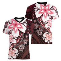 Polynesia Romantic Valentine Women V-Neck T-Shirt Sea Turtle Couple With Red Gradient Plumeria