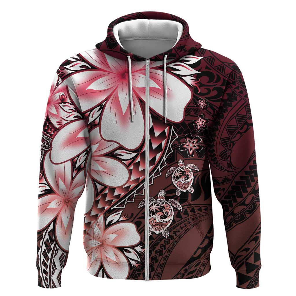 Polynesia Romantic Valentine Zip Hoodie Sea Turtle Couple With Red Gradient Plumeria