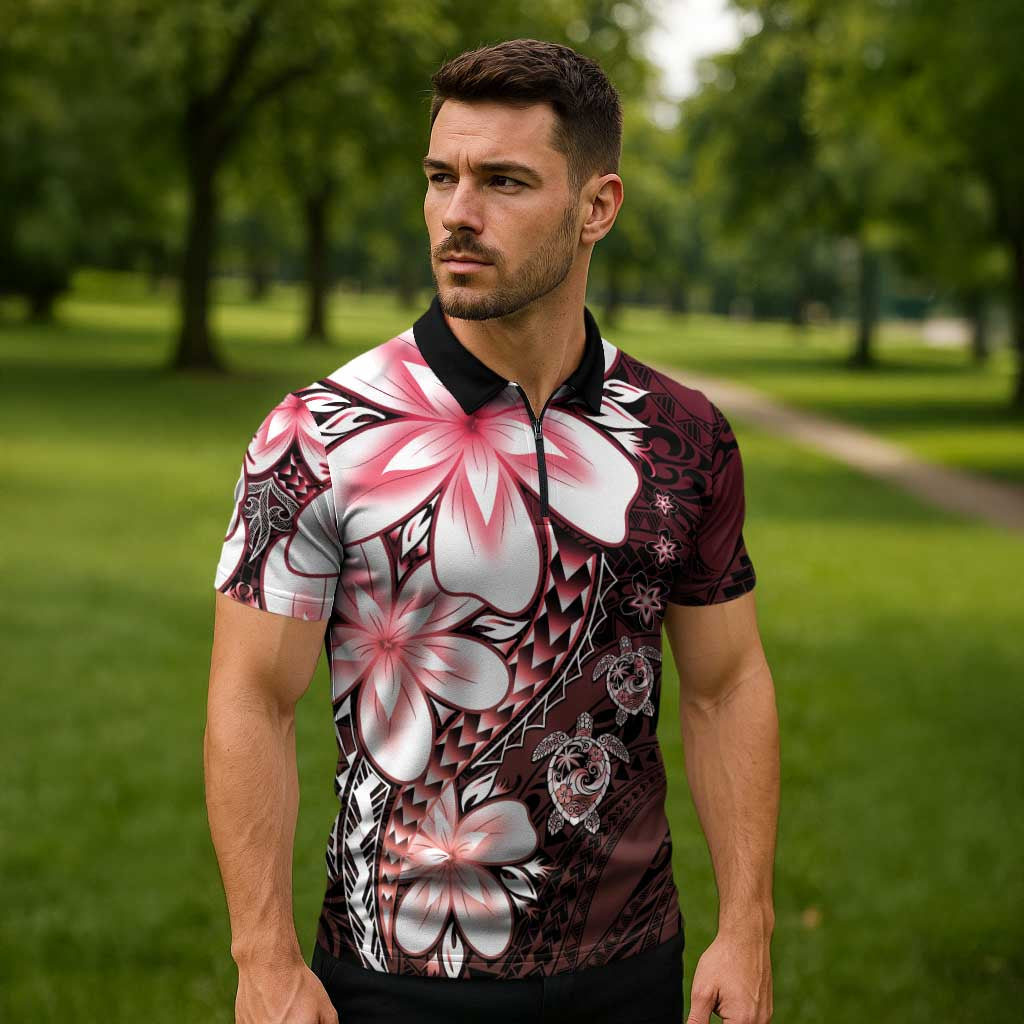 Polynesia Romantic Valentine Zipper Polo Shirt Sea Turtle Couple With Red Gradient Plumeria
