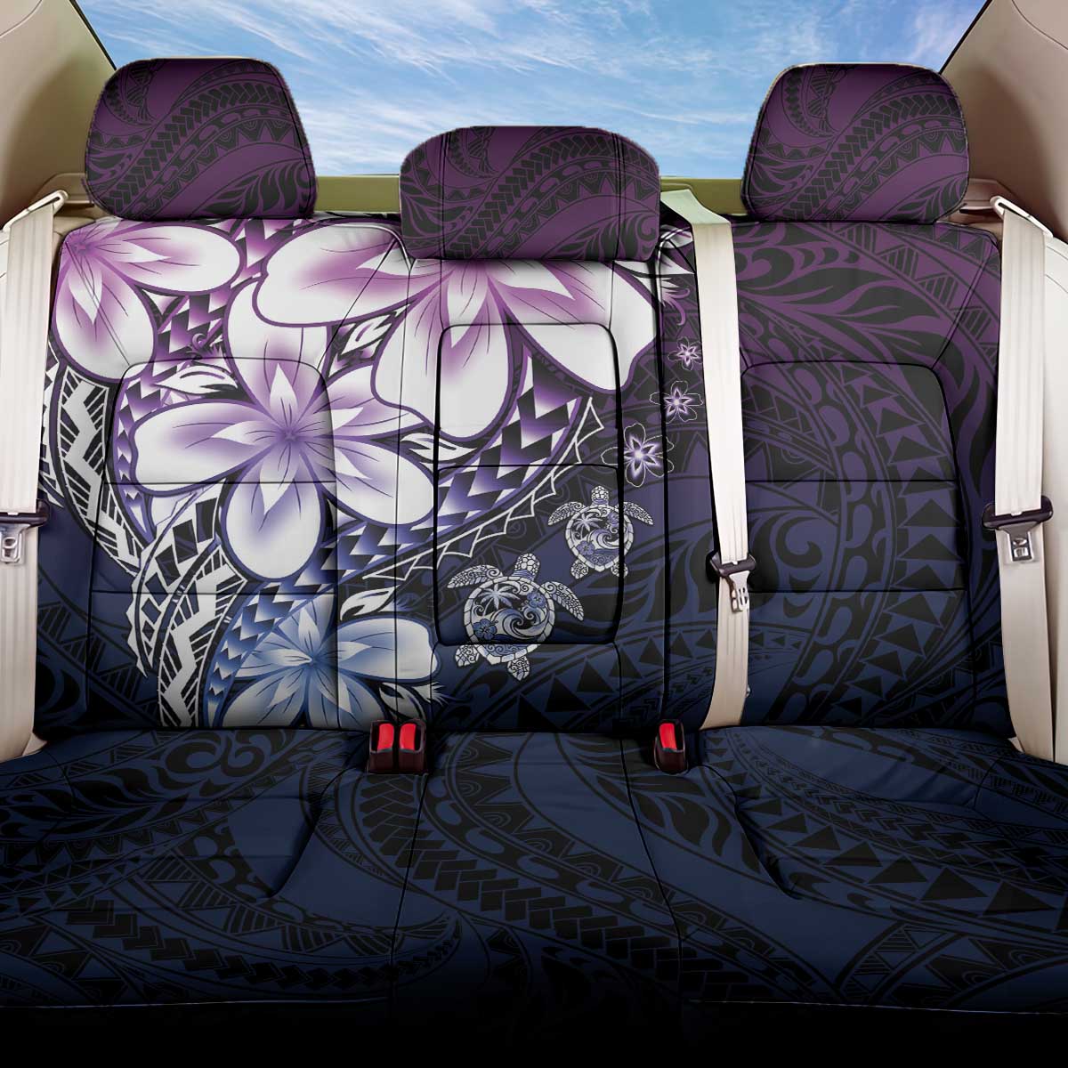 Polynesia Romantic Valentine Back Car Seat Cover Sea Turtle Couple With Purple Gradient Plumeria