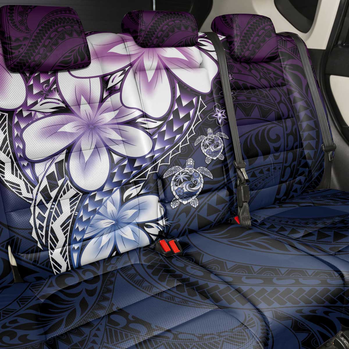 Polynesia Romantic Valentine Back Car Seat Cover Sea Turtle Couple With Purple Gradient Plumeria