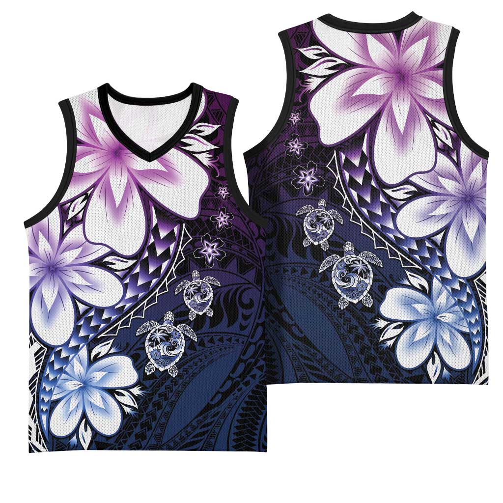 Polynesia Romantic Valentine Basketball Jersey Sea Turtle Couple With Purple Gradient Plumeria