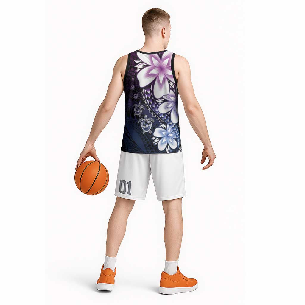 Polynesia Romantic Valentine Basketball Jersey Sea Turtle Couple With Purple Gradient Plumeria
