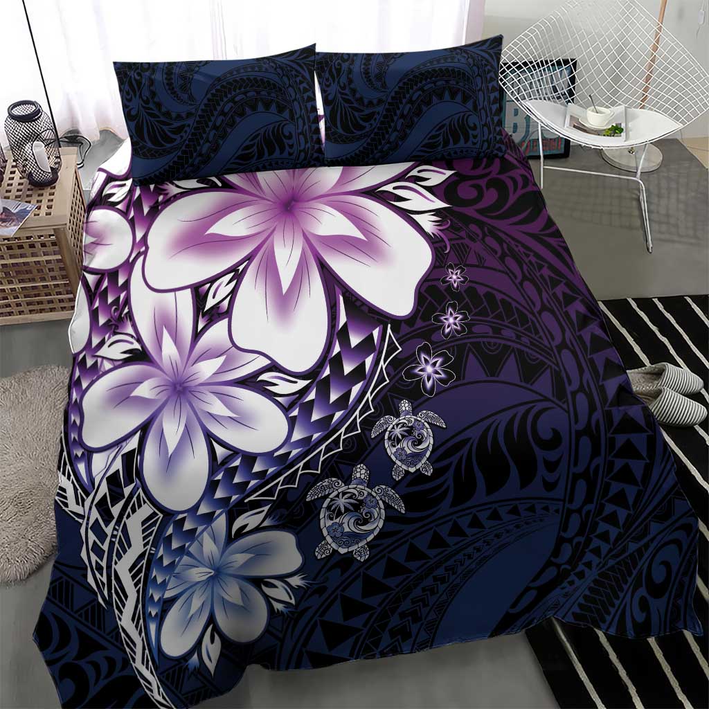 Polynesia Romantic Valentine Bedding Set Sea Turtle Couple With Purple Gradient Plumeria