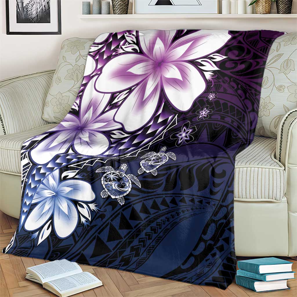 Polynesia Romantic Valentine Blanket Sea Turtle Couple With Purple Gradient Plumeria