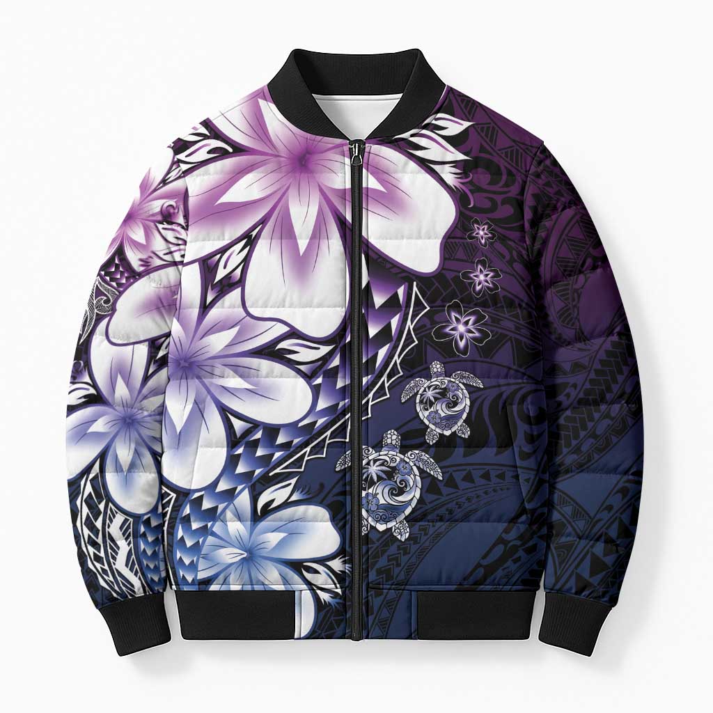 Polynesia Romantic Valentine Bomber Puffer Jacket Sea Turtle Couple With Purple Gradient Plumeria