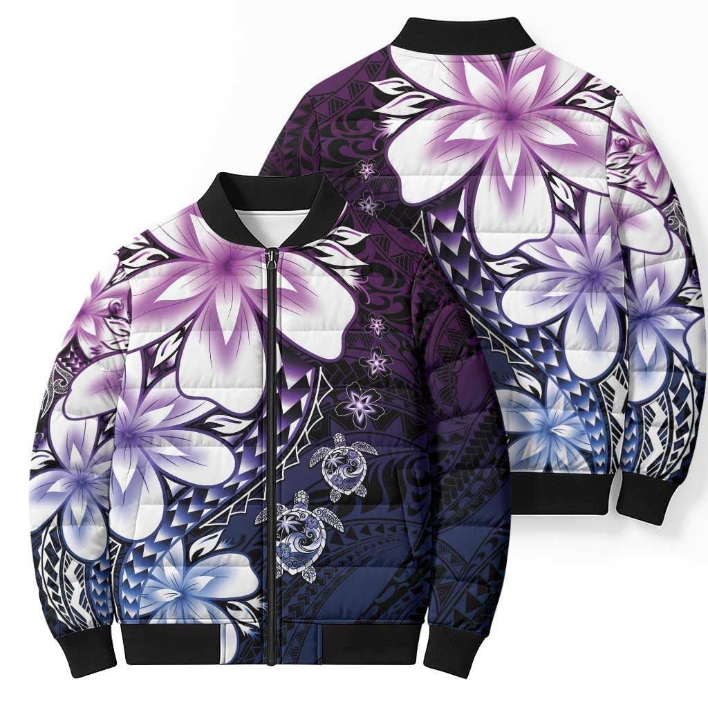 Polynesia Romantic Valentine Bomber Puffer Jacket Sea Turtle Couple With Purple Gradient Plumeria