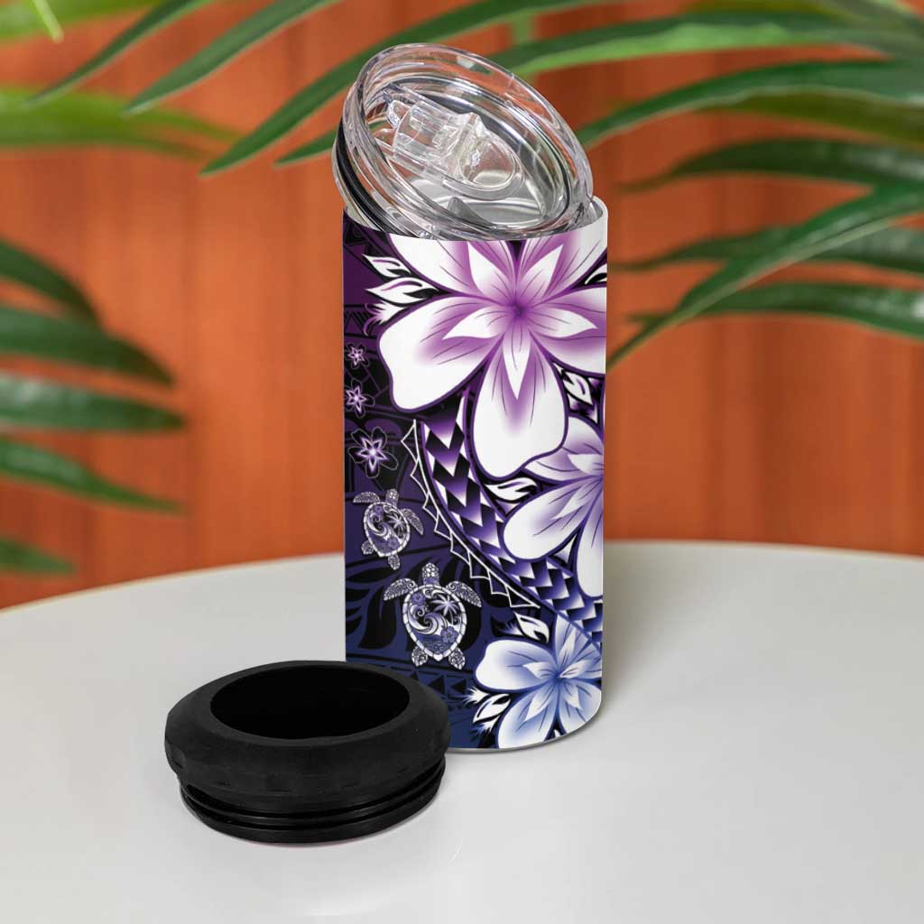 Polynesia Romantic Valentine 4 in 1 Can Cooler Tumbler Sea Turtle Couple With Purple Gradient Plumeria