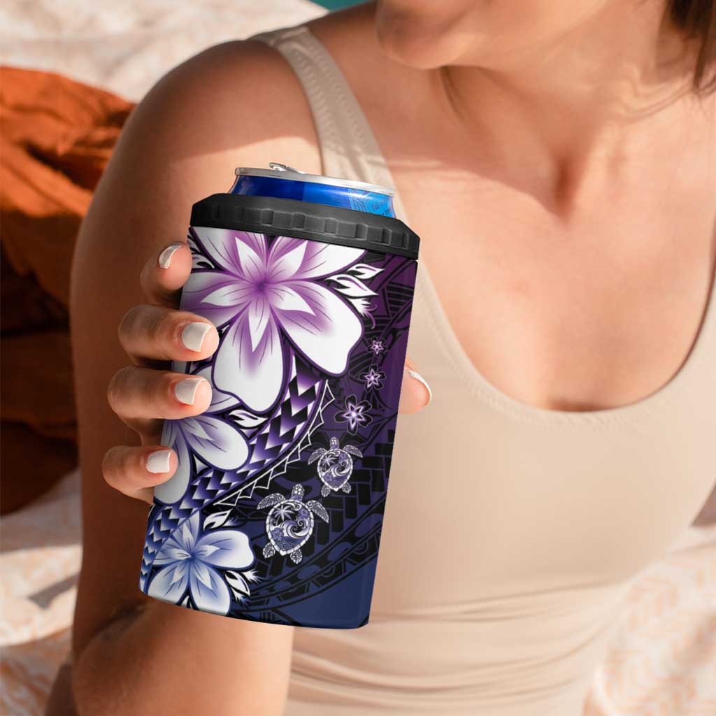 Polynesia Romantic Valentine 4 in 1 Can Cooler Tumbler Sea Turtle Couple With Purple Gradient Plumeria