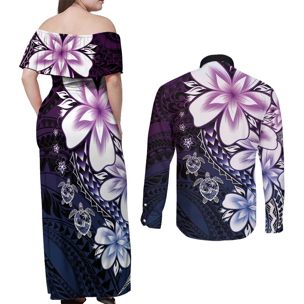 Polynesia Romantic Valentine Couples Matching Off Shoulder Maxi Dress and Long Sleeve Button Shirt Sea Turtle Couple With Purple Gradient Plumeria