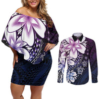 Polynesia Romantic Valentine Couples Matching Off Shoulder Short Dress and Long Sleeve Button Shirt Sea Turtle Couple With Purple Gradient Plumeria