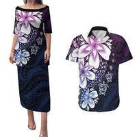 Polynesia Romantic Valentine Couples Matching Puletasi and Hawaiian Shirt Sea Turtle Couple With Purple Gradient Plumeria