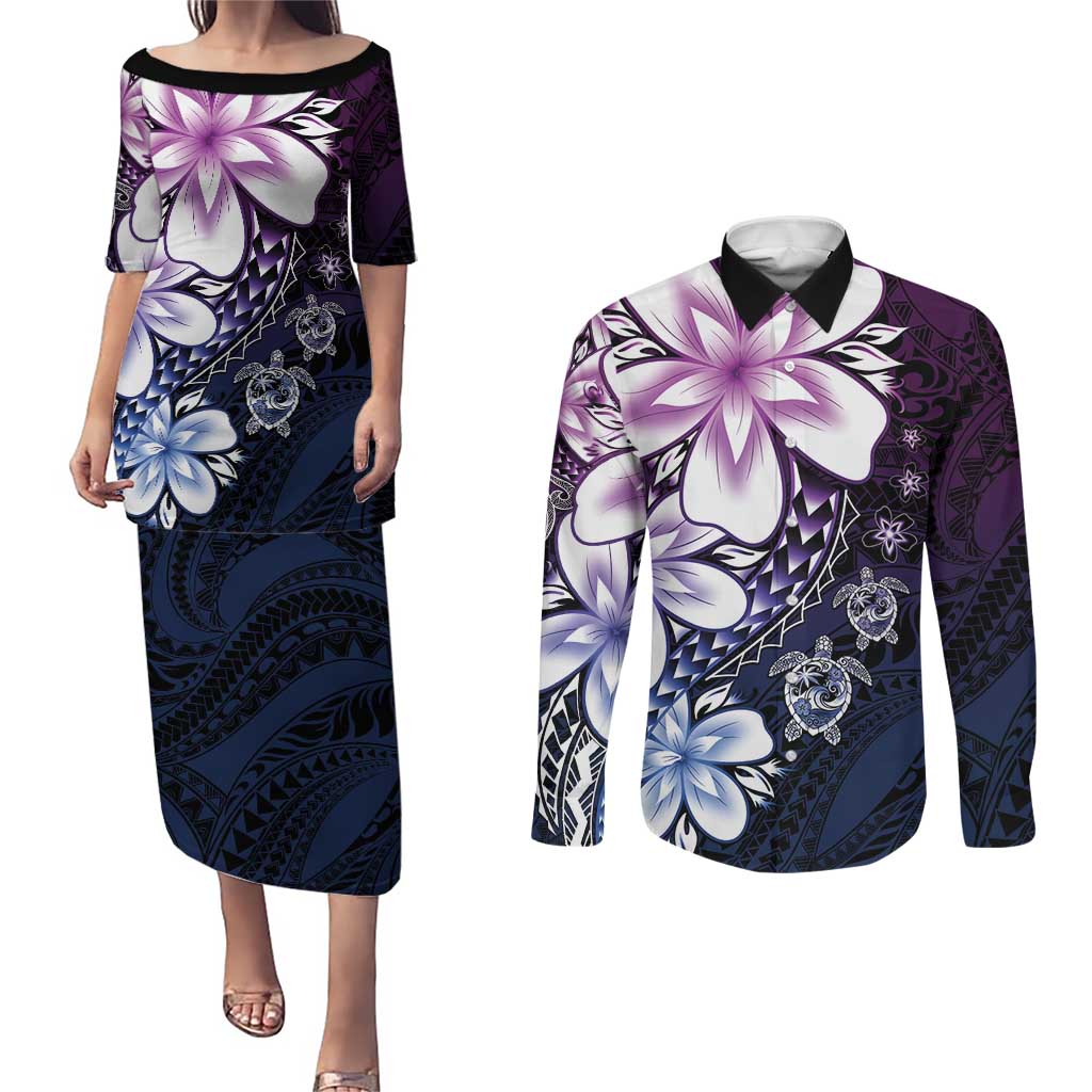 Polynesia Romantic Valentine Couples Matching Puletasi and Long Sleeve Button Shirt Sea Turtle Couple With Purple Gradient Plumeria