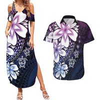Polynesia Romantic Valentine Couples Matching Summer Maxi Dress and Hawaiian Shirt Sea Turtle Couple With Purple Gradient Plumeria