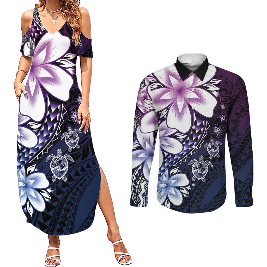 Polynesia Romantic Valentine Couples Matching Summer Maxi Dress and Long Sleeve Button Shirt Sea Turtle Couple With Purple Gradient Plumeria